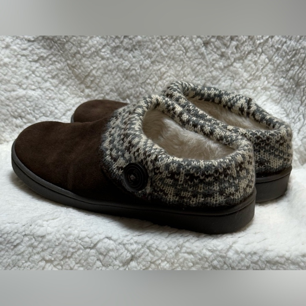 Clarks Womens Size 8M Black Leather Faux Fur Slip On Clog Slippers Knit Trim - Picture 4 of 10